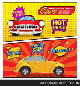 Sales Of Cars Comic Style Banners. Sales of cars comic style banners with discount, speech bubbles on pop art background isolated vector illustration