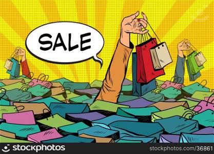 sales, people drowning in the ocean of shopping, pop art retro vector. The concept of black Friday and holiday sales