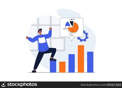 Sales performance web concept with character scene. Man analyze financial chart and diagram, increase income. People situation in flat design. Vector illustration for social media marketing material.
