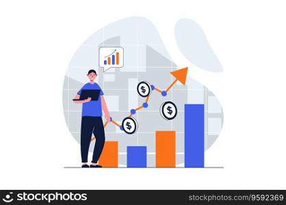 Sales performance web concept with character scene. Man analyze financial stock charts and increase profit. People situation in flat design. Vector illustration for social media marketing material.