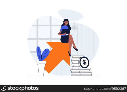 Sales performance web concept with character scene. Woman working with financial statistic, increase income. People situation in flat design. Vector illustration for social media marketing material.