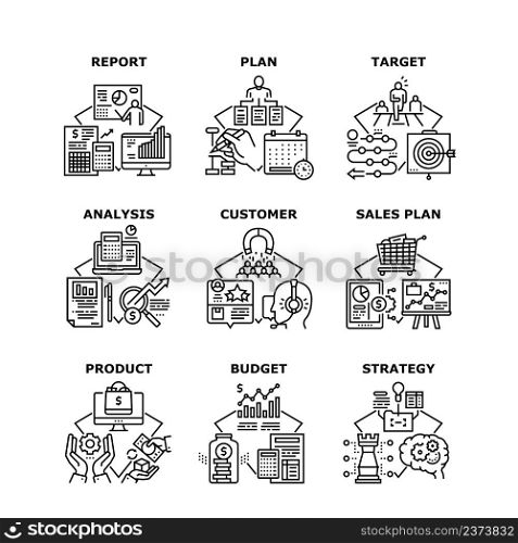 Sales Plan Business Set Icons Vector Illustrations. Sales Plan And Strategy For Selling Product And Searching Customer, Budget And Financial Report, Target And Analysis Black Illustration. Sales Plan Business Set Icons Vector Illustrations