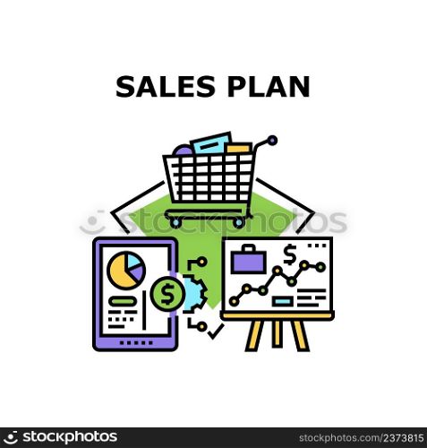 Sales Plan Goal Vector Icon Concept. Sales Plan Goal Developing Manager And Presentation Strategy, Businessman Researching And Analyzing Financial Report Diagram On Tablet Color Illustration. Sales Plan Goal Vector Concept Color Illustration