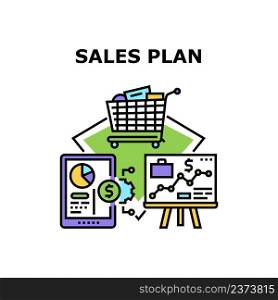 Sales Plan Goal Vector Icon Concept. Sales Plan Goal Developing Manager And Presentation Strategy, Businessman Researching And Analyzing Financial Report Diagram On Tablet Color Illustration. Sales Plan Goal Vector Concept Color Illustration
