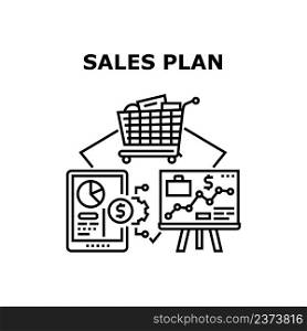 Sales Plan Goal Vector Icon Concept. Sales Plan Goal Developing Manager And Presentation Strategy, Businessman Researching And Analyzing Financial Report Diagram On Tablet Black Illustration. Sales Plan Goal Vector Concept Black Illustration