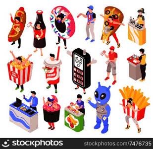 Sales promoters characters advertising fastfood and electronics products stands costumes portable counters isometric set isolated vector illustration