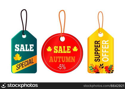 Sales promotion in fall concept, Tags Hanging with text sale, discount buy now hot price promo posters with percent signs, advertisement labels vector. Sales Promotion in Fall Concept, Tags Hanging Text