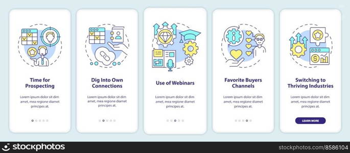 Sales prospecting techniques onboarding mobile app screen. Management walkthrough 5 steps editable graphic instructions with linear concepts. UI, UX, GUI template. Myriad Pro-Bold, Regular fonts used. Sales prospecting techniques onboarding mobile app screen