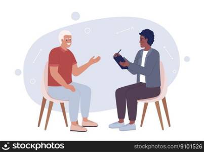 Sales representative interacting with customer 2D vector isolated spot illustration. Salesman utilising tablet flat characters on cartoon background. Colorful editable scene for mobile app, website. Sales representative interacting with customer 2D vector isolated spot illustration
