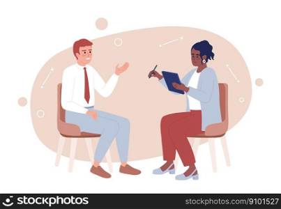Sales representative negotiating with client 2D vector isolated spot illustration. Saleswoman utilising tablet flat characters on cartoon background. Colorful editable scene for mobile app, website. Sales representative negotiating with client 2D vector isolated spot illustration