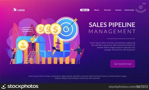 Sales reps and managers analyze sales pipeline. Sales pipeline management, representation of sales prospects, customer prospects lifecycle concept. Website vibrant violet landing web page template.. Sales pipeline management concept landing page.