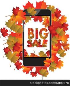 Sales smartphone with autumn leaves isolated on white background