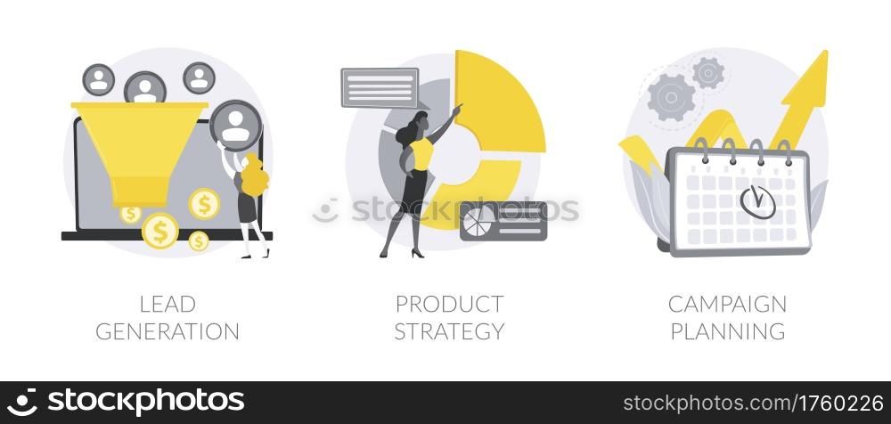 Sales strategy abstract concept vector illustration set. Generating new leads, product strategy, campaign planning, digital marketing software, sale growth, business solution abstract metaphor.. Sales strategy abstract concept vector illustrations.