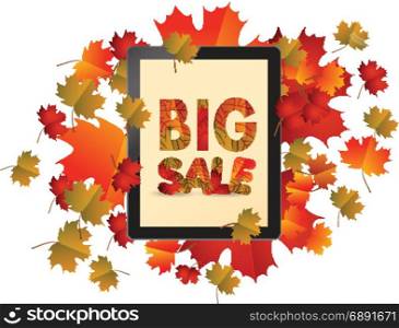 Sales tablet with autumn leaves isolated on white background