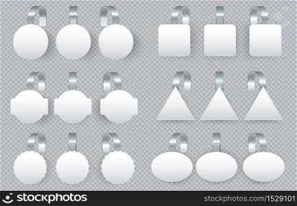Sales tags wobblers on bended transparent stripe. White round, square, triangle and oval shape or tag for supermarket or shop advertising on shelves, 3d realistic tag set vector illustration. Sales tags wobblers on bended transparent stripe. White round, square, triangle and oval tag for supermarket