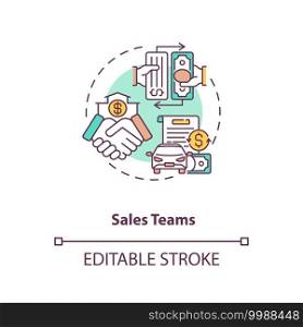 Sales teams concept icon. Contract management software users. Selling business product or service to customers idea thin line illustration. Vector isolated outline RGB color drawing. Editable stroke. Sales teams concept icon