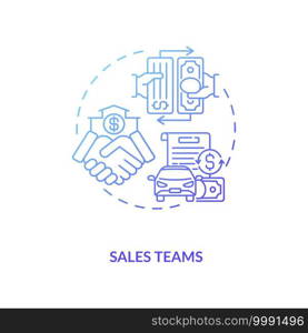 Sales teams concept icon. Contract management software users. Selling business products or services to customers idea thin line illustration. Vector isolated outline RGB color drawing. Sales teams concept icon