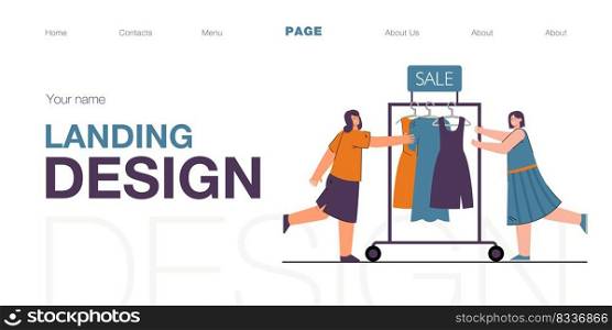 Salesgirls pushing clothes rail with dresses. Sale of gowns flat vector illustration. Clothes racks in background. Selling, shop assistant concept for banner, website design or landing web page. 