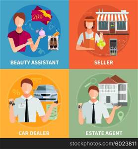 Salesman 2x2 Design Concept. Salesman 2x2 design concept set with car diller estate agent seller and beauty assistant flat vector illustration