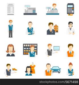 Salesman business figures icons flat set isolated vector illustration