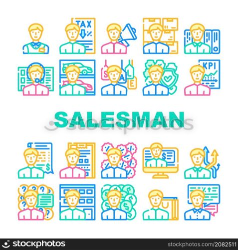 Salesman Business Occupation Icons Set Vector. Salesman Megaphone Advertising Of Seasonal Store Sale And Discounts, Tax Advice And Call Center Worker Support Line. Color Illustrations. Salesman Business Occupation Icons Set Vector