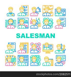 Salesman Business Occupation Icons Set Vector. Salesman Megaphone Advertising Of Seasonal Store Sale And Discounts, Tax Advice And Call Center Worker Support Line. Color Illustrations. Salesman Business Occupation Icons Set Vector