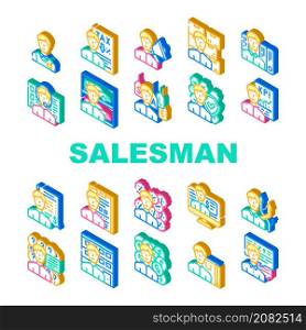 Salesman Business Occupation Icons Set Vector. Salesman Megaphone Advertising Of Seasonal Store Sale And Discounts, Tax Advice And Call Center Worker Support Isometric Sign Color Illustrations. Salesman Business Occupation Icons Set Vector