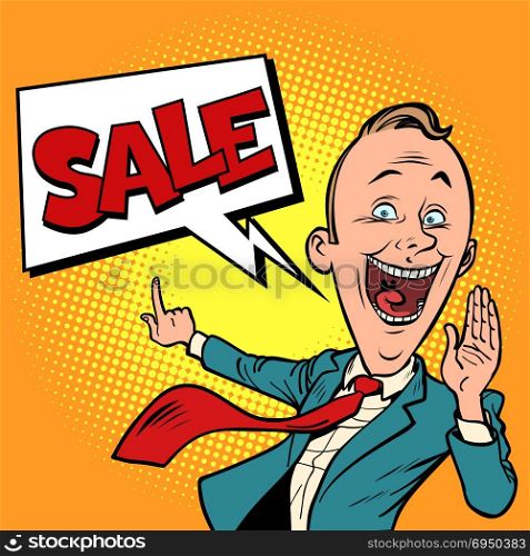 salesman businessman sale. Comic book cartoon pop art retro illustration vector. salesman businessman sale