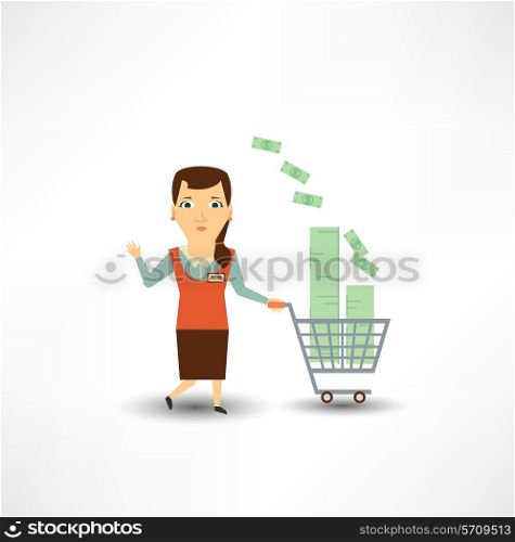 salesman carries the cart with money