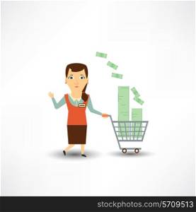 salesman carries the cart with money