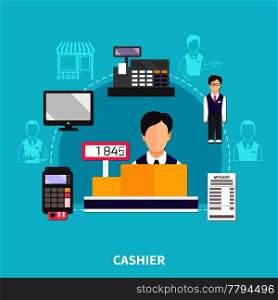 Salesman composition of flat icons and silhouette images with payment terminal receipt and faceless cashier characters vector illustration. Store Cashier Round Composition