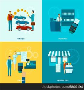 Salesman design concept set with car sales pharmacist purchase shopping stall flat icons isolated vector illustration. Salesman Icons Set