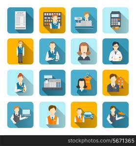 Salesman icons flat set isolated with beauty assistant shopman shoes seller isolated vector illustration