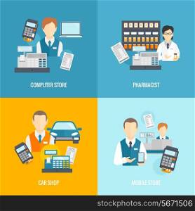 Salesman icons flat set isolated with computer mobile store pharmacist car shop vector illustration