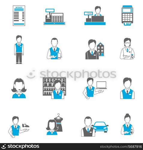 Salesman icons flat set isolated with pharmacist car dealer cash terminal isolated vector illustration