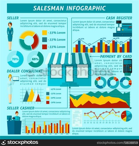 Salesman infographics set with shopping symbols and charts vector illustration. Salesman Infographics Set