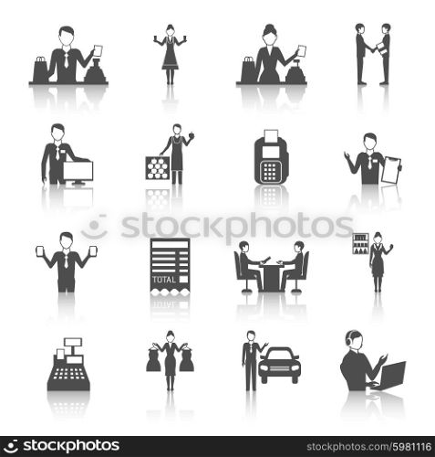 Salesman Monochrome Icons Set. Different salesmen figures icons set drawn in monochrome flat style with reflections isolated vector illustration