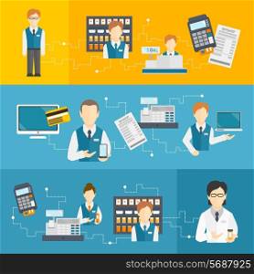 Salesman shop assistant flat banners set isolated vector illustration
