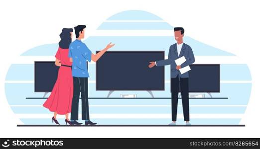 Salesman shows man and woman big screen TV in electronics store. Customer making purchases, product presentation for buyers. Cartoon flat style isolated marketing illustration. Vector shopping concept. Salesman shows man and woman big screen TV in electronics store. Customer making purchases, product presentation for buyers. Cartoon flat style isolated marketing vector shopping concept