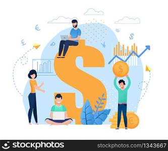 Salespeople and Earnings Online Flat Cartoon Metaphor. Freelancers or Bloggers Working on Laptop, Analyzing Financial Growth. Vector Virtual Sales Illustration with Dollar Sign and Gold Coins Design. Salespeople and Earnings Online Cartoon Metaphor