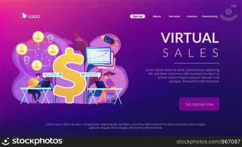 Salespeople team working remotely with customers all over the world and dollar sign. Virtual sales, remote sales method, virtual sales team concept. Website vibrant violet landing web page template.. Virtual sales concept landing page.