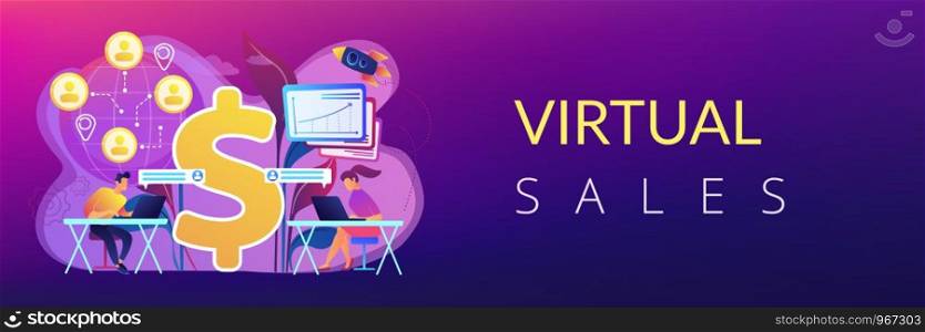 Salespeople team working remotely with customers all over the world and dollar sign. Virtual sales, remote sales method, virtual sales team concept. Header or footer banner template with copy space.. Virtual sales concept banner header.