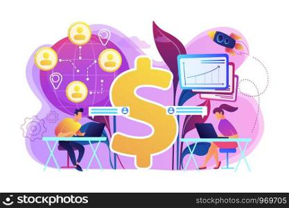 Salespeople team working remotely with customers all over the world and dollar sign. Virtual sales, remote sales method, virtual sales team concept. Bright vibrant violet vector isolated illustration. Virtual sales concept vector illustration.