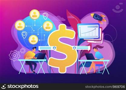 Salespeople team working remotely with customers all over the world and dollar sign. Virtual sales, remote sales method, virtual sales team concept. Bright vibrant violet vector isolated illustration. Virtual sales concept vector illustration.
