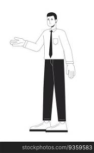 Salesperson presenting flat line black white vector character. Editable outline full body person on white. Confident salesman simple cartoon isolated spot illustration for web graphic design. Salesperson presenting flat line black white vector character