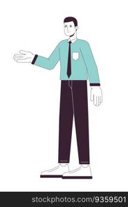 Salesperson presenting flat line color vector character. Editable outline full body person on white. Confident salesman pointing with hand simple cartoon spot illustration for web graphic design. Salesperson presenting flat line color vector character
