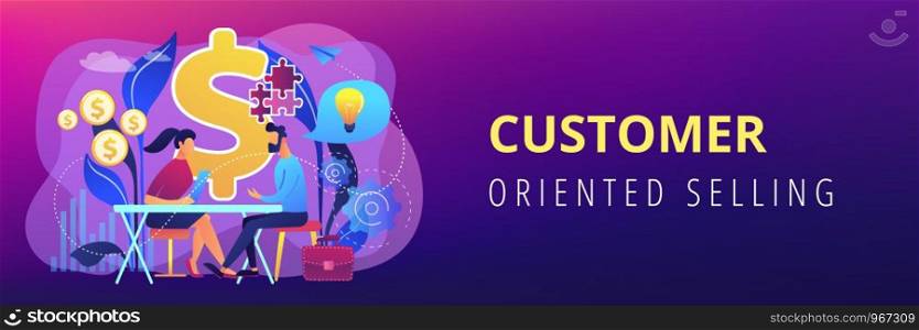Salesperson suggesting a solution idea to consumers problem. Consultative sales, customer-oriented selling, trendy sales method concept. Header or footer banner template with copy space.. Consultative sales concept banner header.