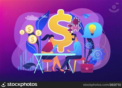 Salesperson suggesting a solution idea to consumers problem. Consultative sales, customer-oriented selling, trendy sales method concept. Bright vibrant violet vector isolated illustration. Consultative sales concept vector illustration.