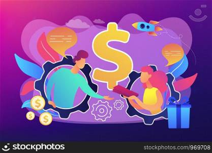 Salesperson trying to persuade customer in buying product. Personal selling, face-to-face selling technique, sales method trends concept. Bright vibrant violet vector isolated illustration. Personalized selling concept vector illustration.