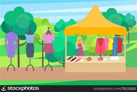 Salesperson with clothes for women vector, summer or spring fair for female. Fashionable clothing dresses on mannequin robes and jackets shoes umbrellas in park. Flat cartoon. Shop with Clothes for Women Summer Fair Vector